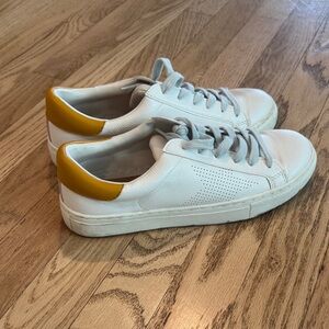 White Leather Sneakers with Yellow & Pink Heel Accent-Womens 8